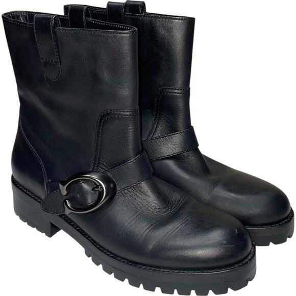 Coach Leighton Black Leather Boots with Signature Buckle      Size: 9 B - Picture 1 of 8